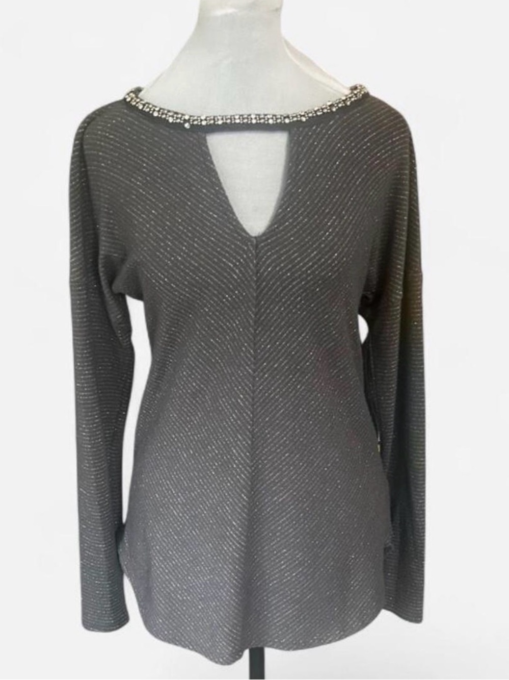 Jennifer Lopez Charcoal Gray Long Sleeve Top with Jeweled Neckline